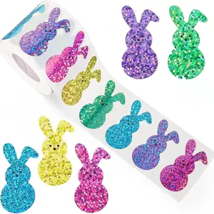 1 Roll 500 Pcs 1.5 Inches Easter Bunny Stickers, Glitter Laser Multiple Colors Cute Rabbit Stickers, Self-Adhesive, Durable Adhesive Stickers for Easter Crafts, Party Favors, Spring Decorations, Gifts For Kids and Adults