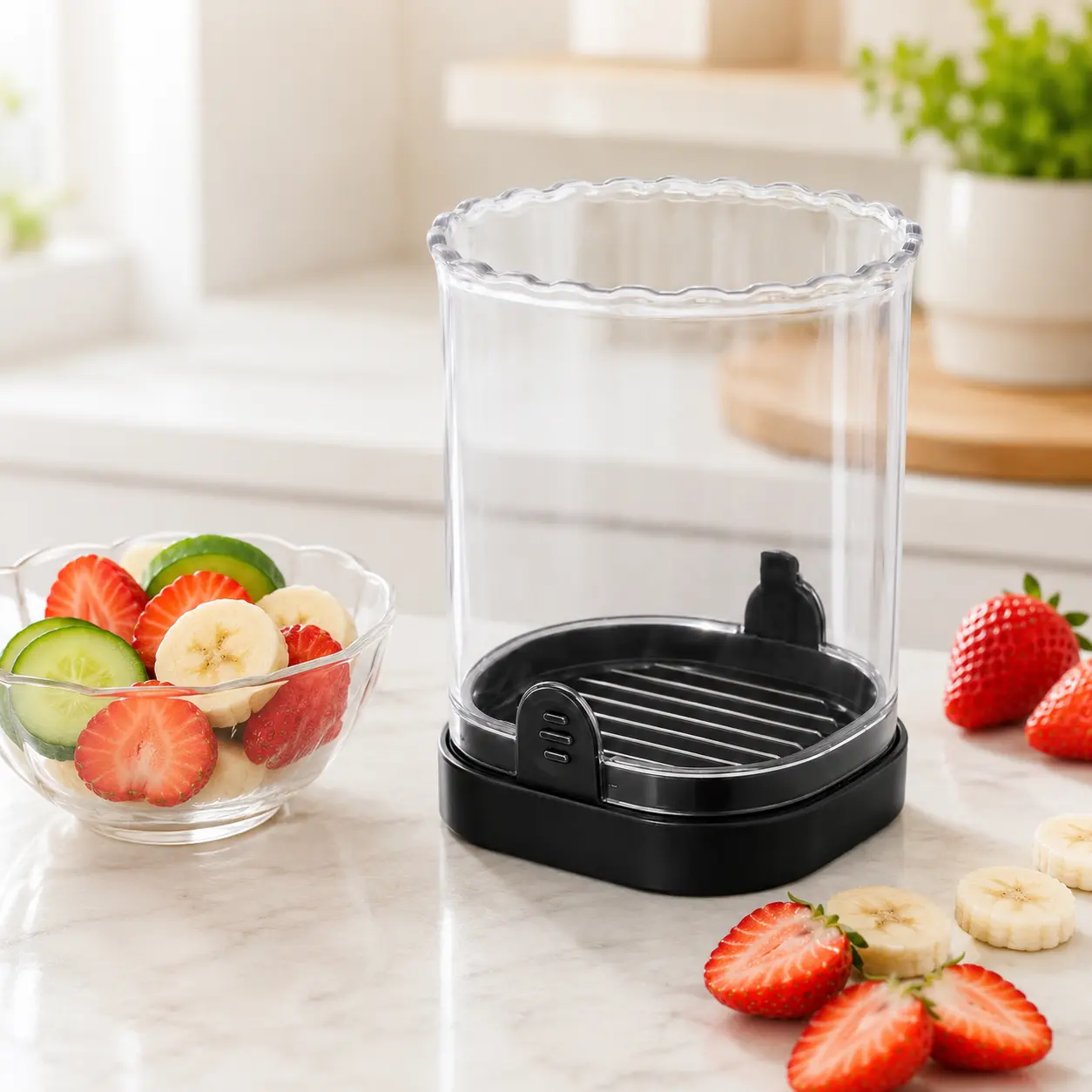 Versatile Strawberry & Fruit Slicer with Pusher Plate, Detachable Structure, Safe & Simple to Clean, Fast Fruit Chopping Kitchen Tool, Blackadget, Black