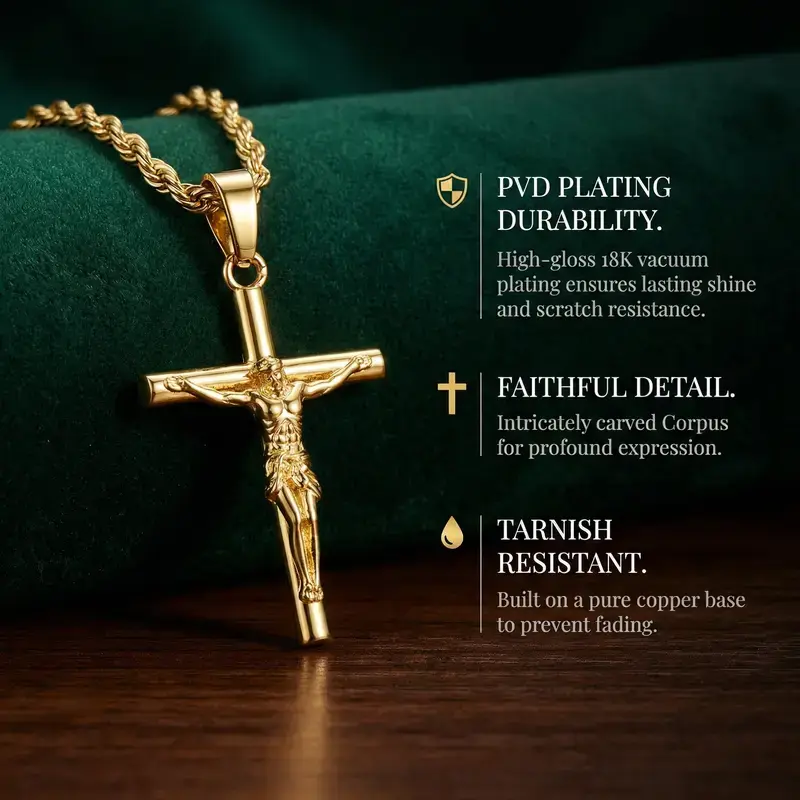 Christian Cross Necklace for Men Women, 18K Gold Plated Jesus Crucifix Pendant, Faith Religious Jewelry for Daily Wear Couple Gift, Waterproof Stainless Steel Anti Tarnish Vintage Streetwear Necklace, Unisex Statement Pendant Gift for Him Her Anniversary