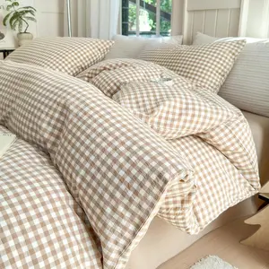 Tan Gingham Comforter Set King Style Beige Comforter Set 3 Pieces Soft Grid Checkered Pattern Comforter with 2 Pillowcases Farmhouse Gingham Bedding Set King