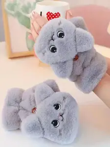 Cute Animal Cartoon Theme Fleece Fingerless Gloves, Thick and Warm Design, Embroidered Casual Gloves for Outdoor Cycling and Sports, Outdoor Activity Gloves