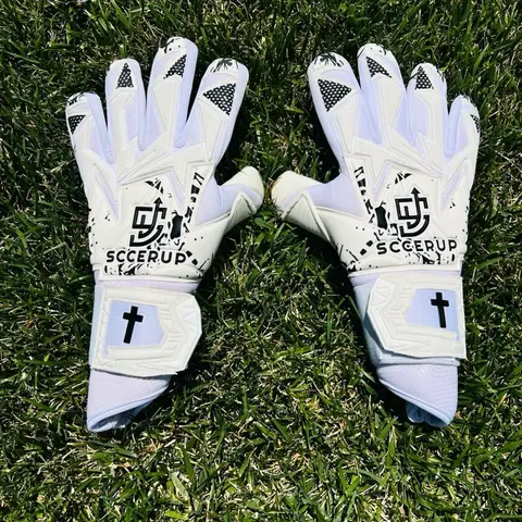 Sccerup GoalKeeper Gloves with Carry Bag - White Soccer Goalie Gloves Featuring Unique Design and Cross Logo