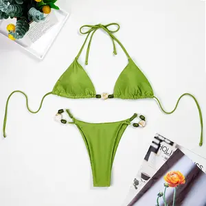 Women's Solid Color  Back Bikinis Set, Chic Halter Neck Swim Bra&  Side Swim Thong, LadiesSwimsuit for Summer Beach Holiday Vacation, String Swimsuits hawaii local tie