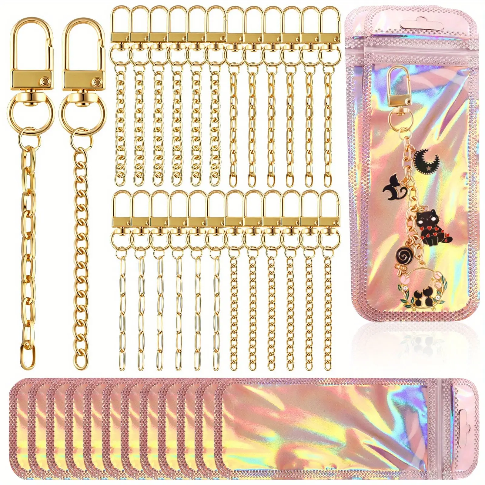148pcs Metal Keychain Making Kit with Swivel Snap Hooks, Lobster Claw Clasps & Extender Chains - Golden-Tone Craft Supplies with & Pink Key Rings for Jewelry, Bags, Accessories - Bulk Durable Keychain Components for Christmas & Halloween Gifts (No-S