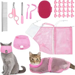 9 Pcs Pink Cat Bathing Bag Set Anti Bite Scratch Cat Shower Bag for Pet Grooming with Washing Brush Comb Muzzle Nail Clipper Nail File Tick Tool