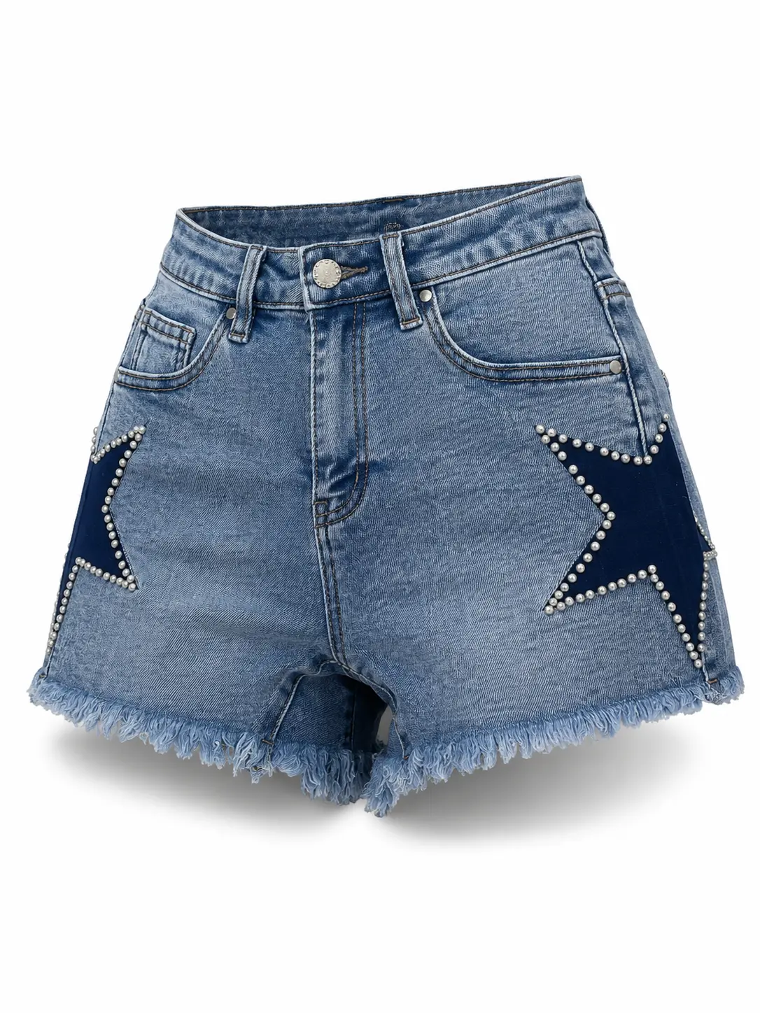 Women’s High Waisted Denim Shorts Star Patch Studded Raw Hem Jean Shorts Trendy Summer Streetwear jorts bedazzled