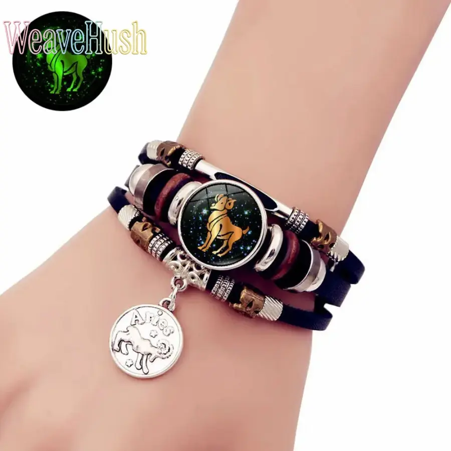 2026 New Luminous 12 Constellation Leather Bracelet, Handmade Multi-Layer Beaded Couple Wristband, Creative Zodiac Star Sign Fashion Hand Jewelry, Men's Accessories for Daily Wear & Gifting (Birthday Anniversary)