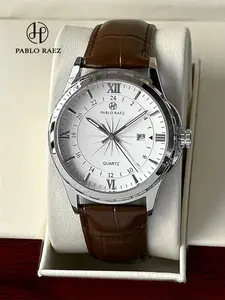 1PC luxury men's wristwatch, top brand, IPS silver stainless steel case, simple date display, quartz movement, luminous, Roman numerals & bar scale, high-end business watch, stylish watch, for daily use, gift for father or male friend