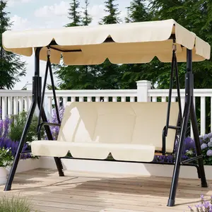 Khika Outdoor Porch Swing with Adjustable Canopy, 3-Seat Patio Swing Chair with Stand, Heavy Duty Outdoor Swing for Adults, Metal Frame Patio Swing for Garden, Backyard & Poolside