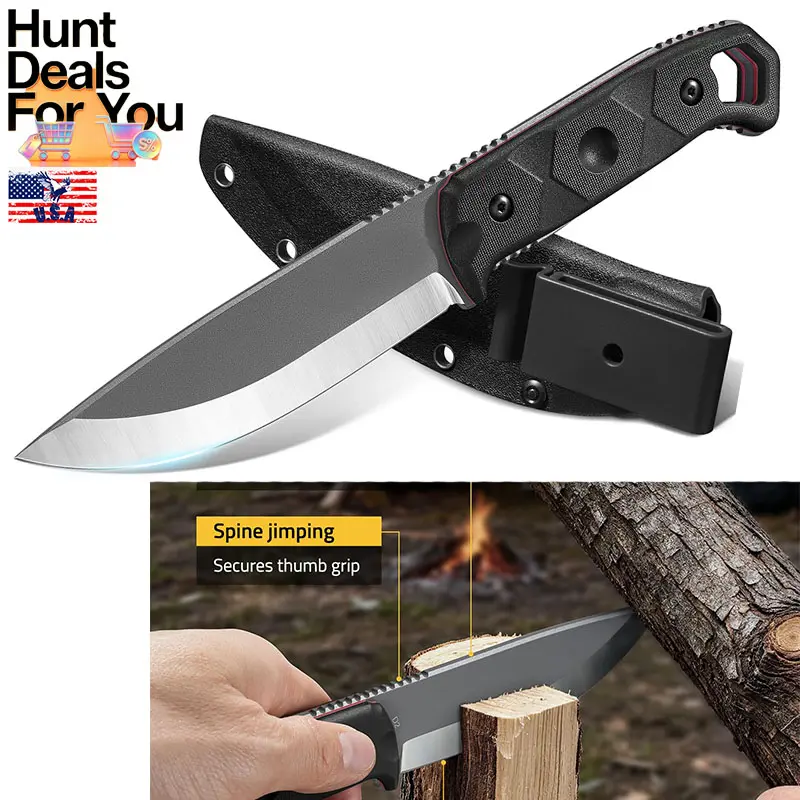 Fixed Blade Knife with Sheath, 5.2" D2 Steel Full Tang Survival Bushcraft Knife, Scandi Grind, 5-Layer Handle with G10 Liners, Heavy Duty Hunting Camping Knives for Men, Black