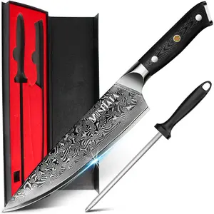MOSFiATA Chef Knife 8Inch, Damascus Steel Knife Ultra Sharp Chef's Knives with 67-Layer Damascus Steel VG-10 Blade,Knife Sharpener Rod Gift Box Block versatile home use Kitchen Stylish