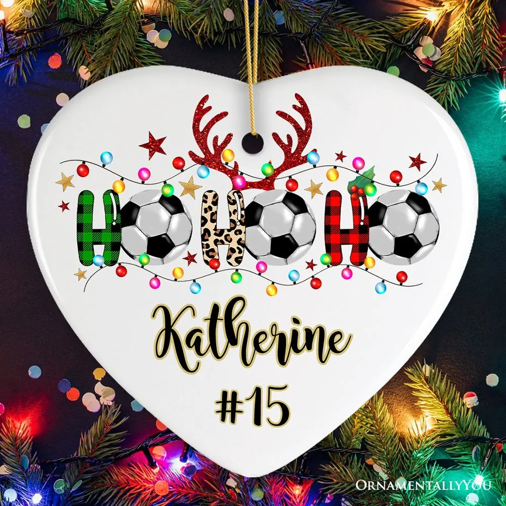 Personalized Soccer Buffalo Plaid and Leopard Christmas Ornament, Ho Ho Ho Football Gift