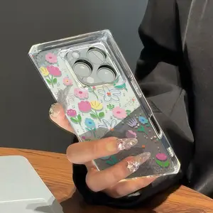 1 piece Fashion square design cute colorful ins style flower print anti-drop shockproof full cover mobile phone case suitable for iPhone 17pro Max/16pro/16plus/16/15/14/13/12 cute and fashionable Halloween Valentine's Day Christmas gift