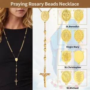 FindChic Prayer Rosary Necklace Jesus Cross Crucifix Pendant St. Benedict/ St. Michael/St. Christopher/Virgin Mary Medal Pendant Stainless Steel Necklace Gifts for Women Men