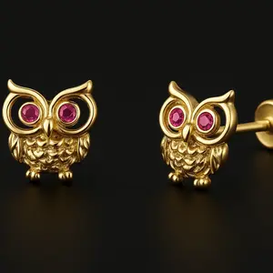 14K Gold Kids Stud Earrings Owl Screw Back  CZ Jewelry Christmas Gifts for Womens Girls