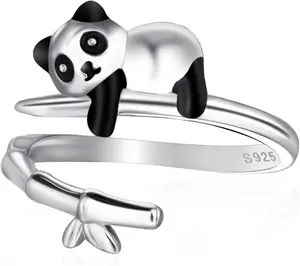 Presentski Panda Bear Ring for Women Girls Sterling Silver 925 Animal Adjustable Open Cute Black Enamel Wrap Thumb Finger Ring Panda Bamboo Raccoon Paw Jewelry Birthday Gift