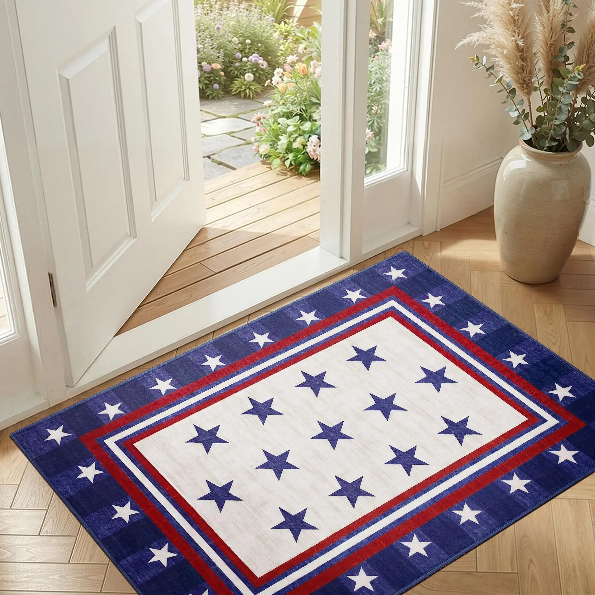 American Flag Rug 2x3, Washable USA Patriotic Area Rug with Non-Slip Backing, Low Pile Indoor Mat for Entryway, Bedroom, Kitchen, Living Room, Office, Front Door, Blue Beige