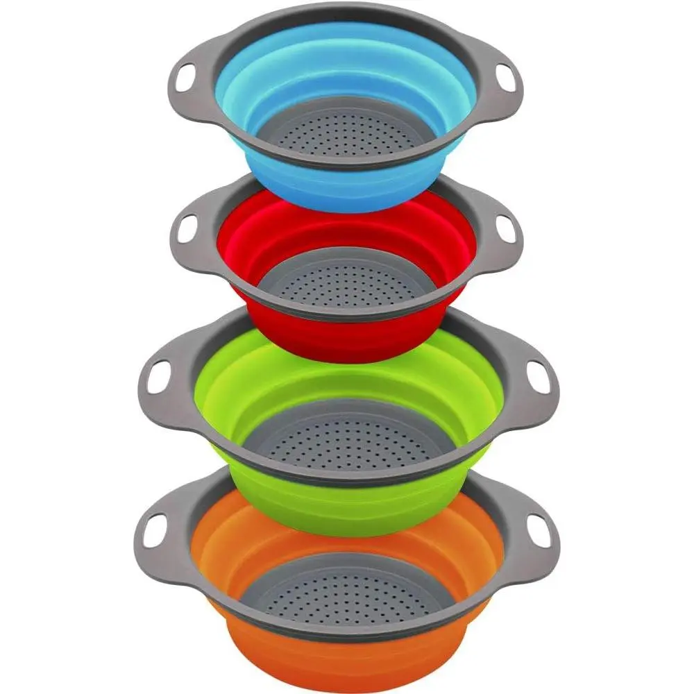 Collapsible Colander and Strainer Set of 4, 2 count 4 Quart(1 gal) and 2 count 2 Quart(0.5 gal), -grade Sturdy Plastic Base - Round Space-save  Kitchen Foldable Strainer for Pasta, Veggies