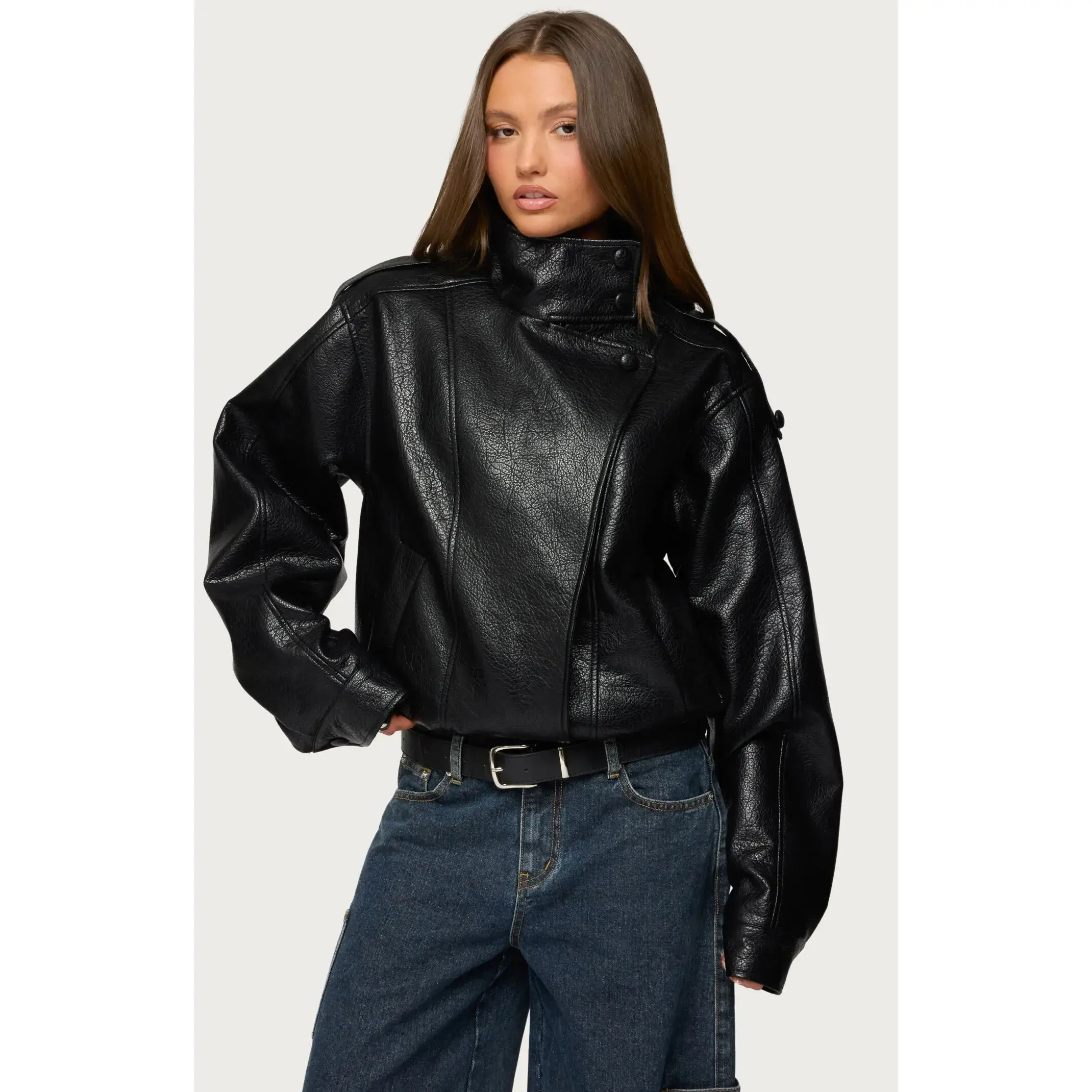 Edikted Women's Jaicee High Neck Oversized Faux Leather Jacket
