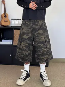 Men's Camo Workwear Seven-Eighths Pants, Wide Leg Loose Fit Multi-Pocket Shorts, American Vintage Street Style Casual Pants