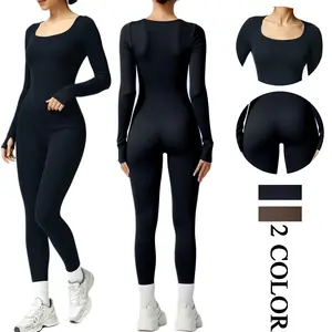 Women's Solid Yoga Ribbed Square Neck One Piece Sexy Tank Tops Rompers Long Sleeve Exercise Jumpsuits Black Nylon Tracksuit Stretchy Comfy Everyday Wear