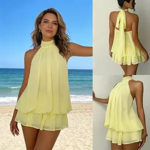 Women's Vacation Fitted Sexy Backless Halter Neck Tie Waist Top with Puff Short Skirt Versatile Solid Color Dress for Casual Wear - Womenswear