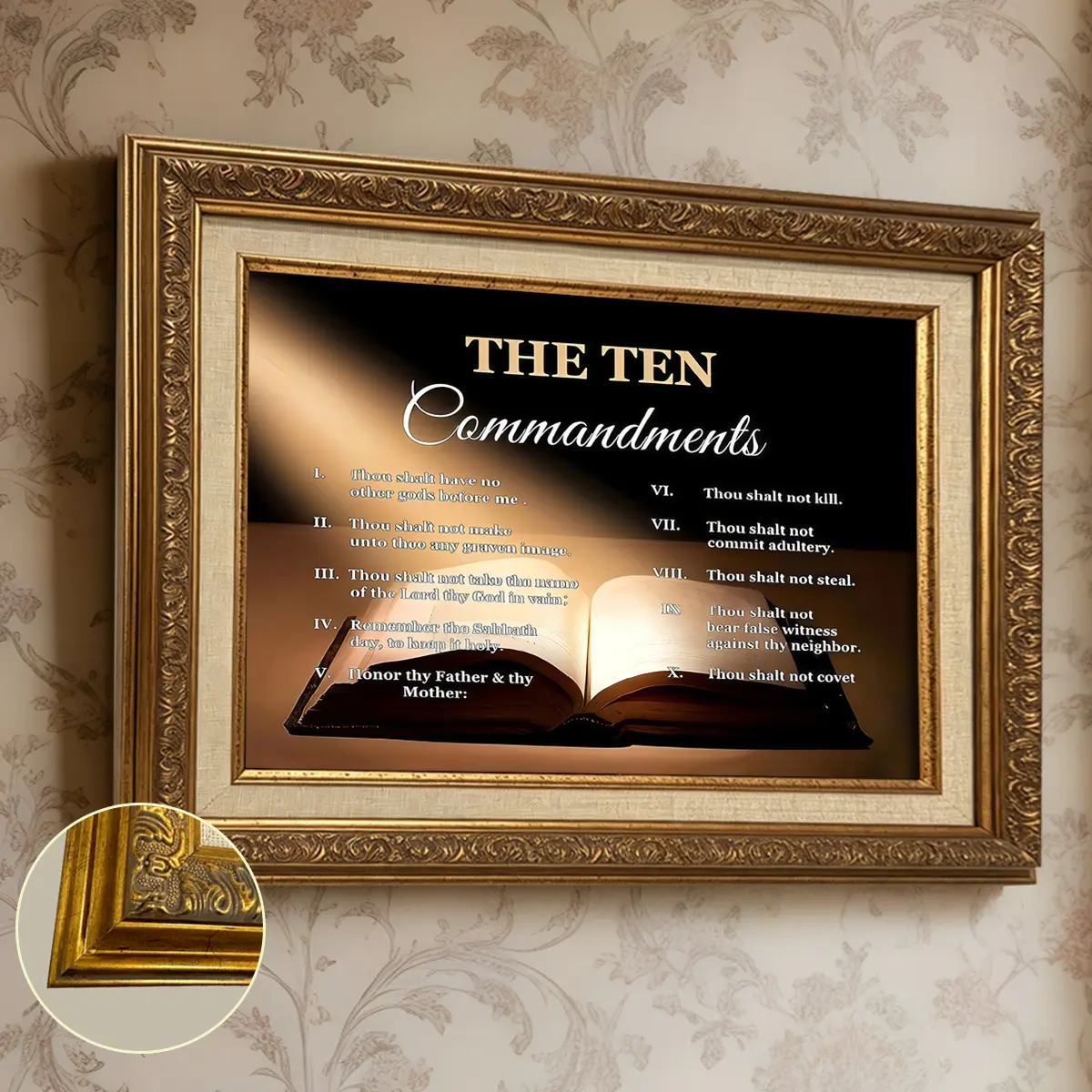 1 Count Vintage Gold Frame Canvas， Vintage Decoration The Ten Commandments Religious Scripture Poster Art With Open Bible Light Glow， Exquisite Fashion Home Decor， Suitable for Room Bedroom， Living Room， Corridor Wall Art， Gifts