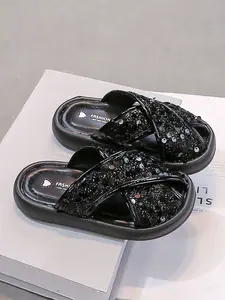 Girls' Cross Strap Sequin Sandals, Sweet Princess Style, Soft Non-Slip Wearable, Suitable for Home & Daily, Ages 1-6