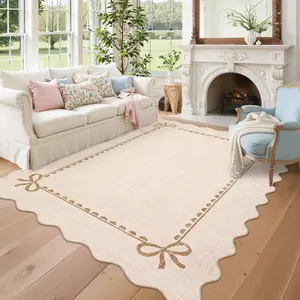 GAOMON 5x7 Scalloped Bow Rug for Living Room,Solid Beige Rug for Dorm,Washable Runner Rugs Soft Low Pile Non Slip Scalloped Rugs for Nursery Bedroom Decor Hallway Entryway Playroom