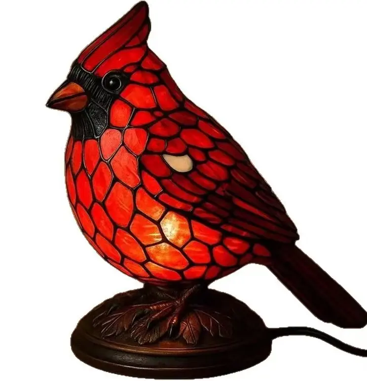 Stained Glass Cardinal Table Lamp with Red and Orange Feathers, Decorative Design, Ideal for Home Decor Holiday Party Gifts