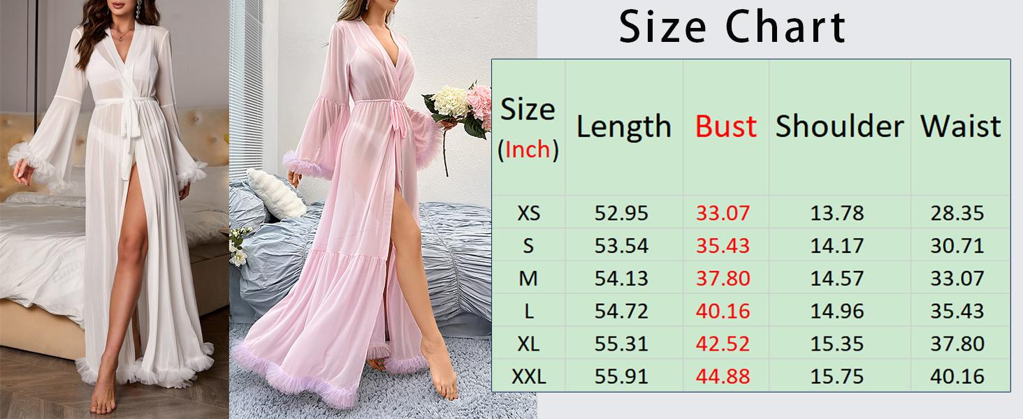 Women's Sheer Mesh Bridal Robe - Long Sleeve, V-Neck, Ruffled Trim, Belted Lady's Sleepwear with Party Style, Soft Fabric, Pajama for Bride Getting Ready, Honeymoon, Loungewear, Solid, Stretchy, Comfortable, Longsleeves, Frill