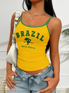 Women's Fine Strap Brazil Letter Pattern Tank Top, Y2K Streetwear Sporty Fashion Trend, Casual Vintage Style, All Seasons