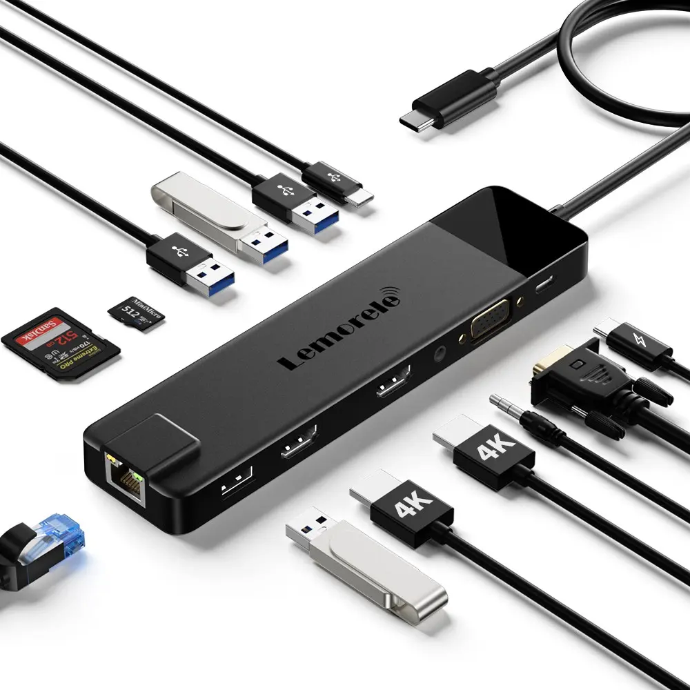 Lemorele Tc100 USB-C Docking Station, Multi Port Adapter, Dual HDMI 1.44k@30hz, USB-A 3.0/2.0, Type C Ports, Ethernet Lan, SD/TF Card Reader, Type-C, Ideal for Meetings & Office