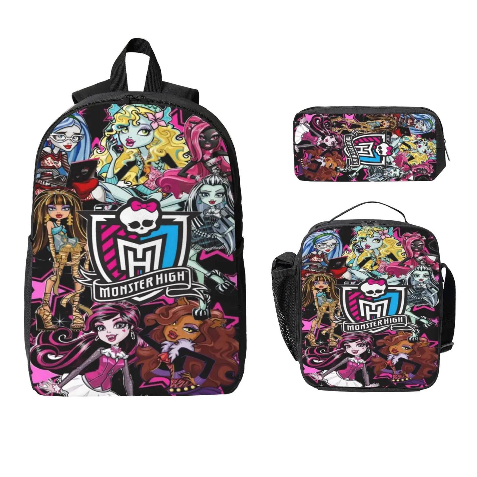 monster high backpack 3PCS Leisure Daypack Shoulder Bag Travel Sports Double Strap Backpacks 17in