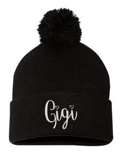 Gigi Gift Idea Grandma Aunt Embroidered Knit Beanie Pom Cap