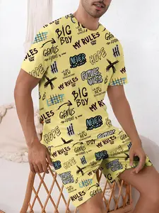Men's Regular Fit Cartoon & Letter Print Tee & Shorts Pyjama Two-piece Set, Men's Sleepwear Loungewear for Summer Pajamas