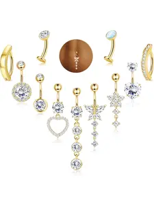 14K Gold Plated Belly Button Ring - Hypoallergenic Surgical Stainless Steel Belly Rings for Women 14G CZ Heart Clicker Floating Belly Button Piercing Pack Dangle Navel Rings Piercing Jewelry Body Piercing Jewelry Body Jewellery