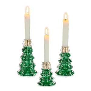 Christmas Taper Candle Holders: 3 Pcs Glass Christmas Tree Candlestick Holders with 9.8oz/ 280g Green Chunky Glitter Xmas Decorations Holiday DIY Gifts