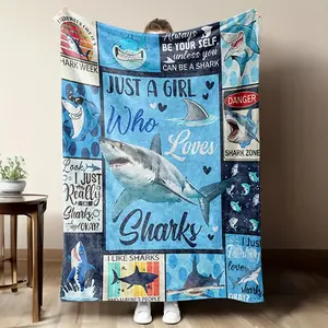 Shark Lovers Blanket - Shark-Themed Plush Flannel Bedspread with Shark Phrases & Pictures (Great White, Hammerhead, Whale), All-Season Soft Throw,, s, - Shark Bed Cover Gift