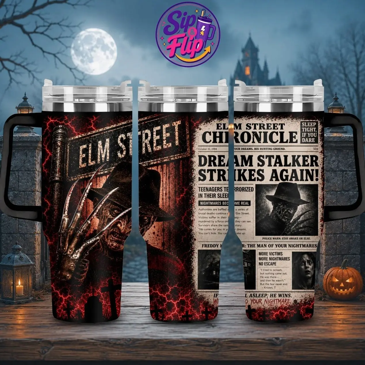 Freddy Krueger A Nightmare on Elm Street 40oz Tumbler with Handle & Straw, Halloween Horror Movie Cup, Elm Street Slasher Killer Insulated Travel Mug, Scary Movie Fan Gift, Spooky Gothic Drinkware
