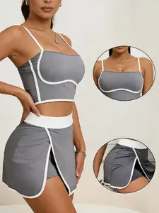 Women's Two-Piece Tennis Sports Set, Padded Tank Top & High-Waist Skirt Pants with Pockets, Ideal for Golf, Running, Yoga
