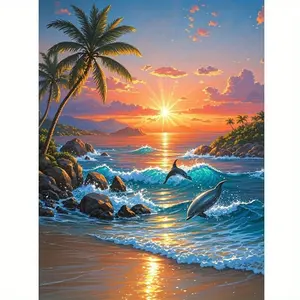 A 5D Diamond Painting Kit Featuring a Sunset And Dolphins on The Beach, Suitable for Adult Beginners, Perfect for Home Wall Decor And Gifts