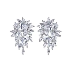 Cuafufu Elegant Flower Sparkling Zirconia Earrings – Teardrop & Marquise-Cut Studs, Platinum-Plated Luxury Jewelry for Special Occasions