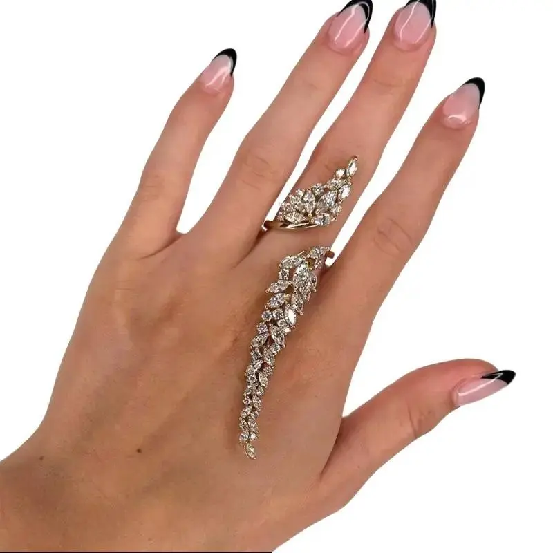 2-Piece Stackable Leaf Ring Set, Elegant Gold Plated Open Band with Pave Rhinestones for Women, Adjustable Dual-Piece Mix & Match Design for Layered Looks, Gold Plated Base, Layered Personalized Looks, Open Band Ring