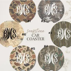 Custom Monogram Camo Car Coaster, Bottomland Optifade Timber Old School Camouflage Soapstone Cup Holder Insert Hunting Car Accessories Personalized Gift for Him