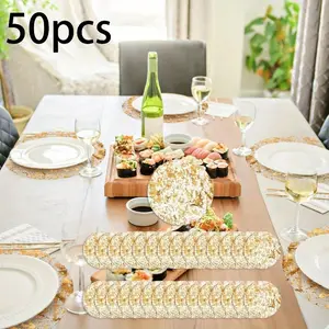 Set Of 50 Disposable Golden Foil Pressed Placemats Round Fall Table Mats with Elegant Design for Dining Table Wedding Birthday Party Holiday Easy To Clean Disposable Tablemats Perfect for Home Table Decors