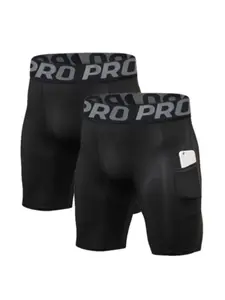 Men's Sporty Compression Shorts Set, Tight Fit Polyester Boxing Underwear, Running Basketball Sports Bottoms with Pockets