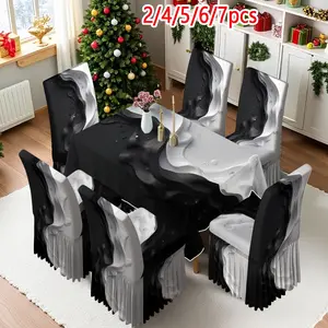 2/4/6/5/7 pieces of fashionable and high-end chair cover and tablecloth sets, thickened chair cover and tablecloth sets (1 tablecloth + 4 chair covers or 1 tablecloth + 6 chair covers), easy to care for, reusable, for home decoration