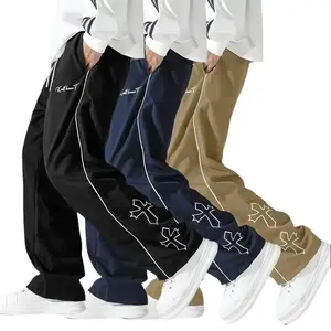 Men's 3-Pack Color-Block Athletic Joggers, Polyester Fabric, Adjustable Drawstring Waist, Straight Full-Length Cut, White Side Stripes, Embroidered Detail, Loose Casual Fitness Streetwear Pants,summervibes