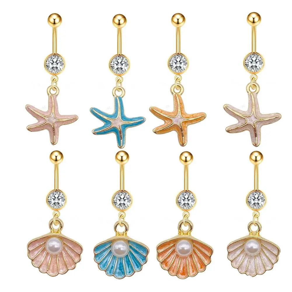 10 Styles Cubic Zirconia Dangle Belly Rings Kit + 2 Free Butterfly Floral Gifts, 14G Stainless Steel Hypoallergenic Navel Piercing Jewelry, Ocean Starfish Shell Pearl Drop Pendant Belly Button Rings for Women Cute Body Piercing Accessories Titanium septum
